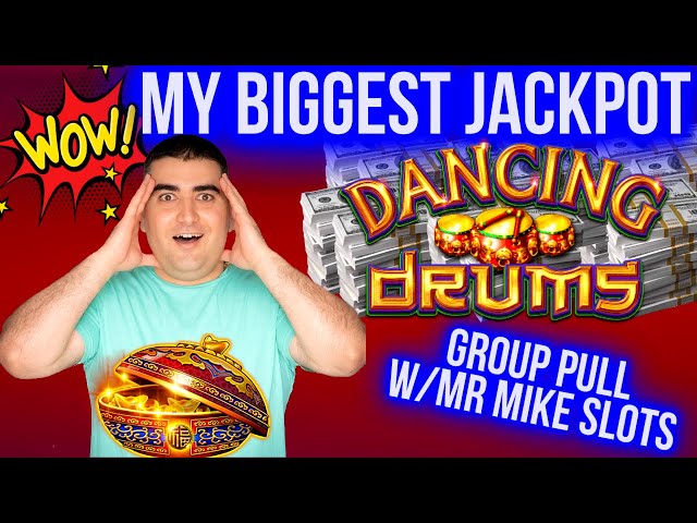 BIGGEST JACKPOT Of My Life On Dancing Drums ! Group Pull W/ MR MIKE SLOTS & Winning Mega Bucks